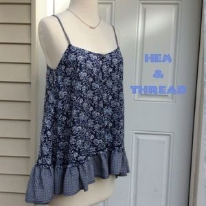 New "HEM & THREAD" Navy Print Ruffle bottom TOP